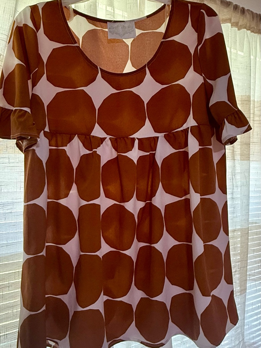Short Sleeve Peplum Tunic in Brown and White Polka Dot